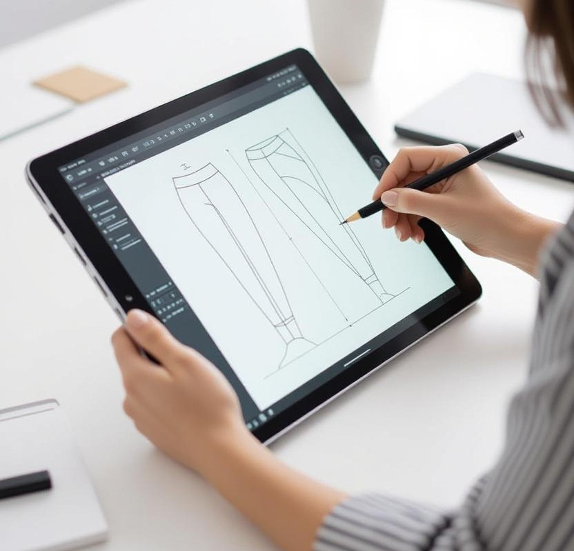A designer sketching yoga pant patterns on a digital tablet