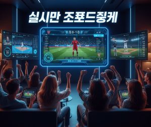multiple live sports on digital screens (football, basketball, baseball) with overlay graphics for scores, player stats, and a Korean text banner reading “실시간 스포츠중계 (Real-Time Sports Broadcast)”