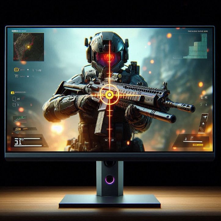 gaming monitor showing a shooter game with customized crosshair and minimal HUD