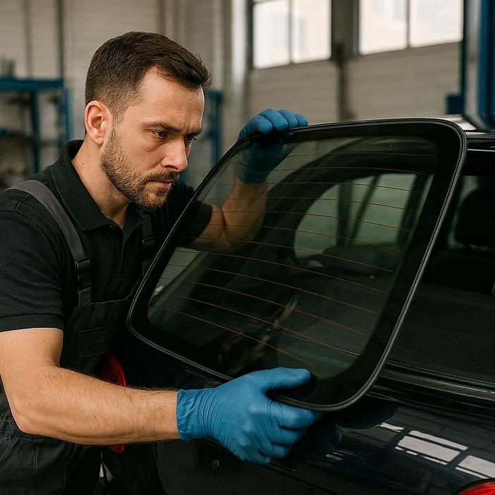 Technician carefully installing rear windshield in a workshop
