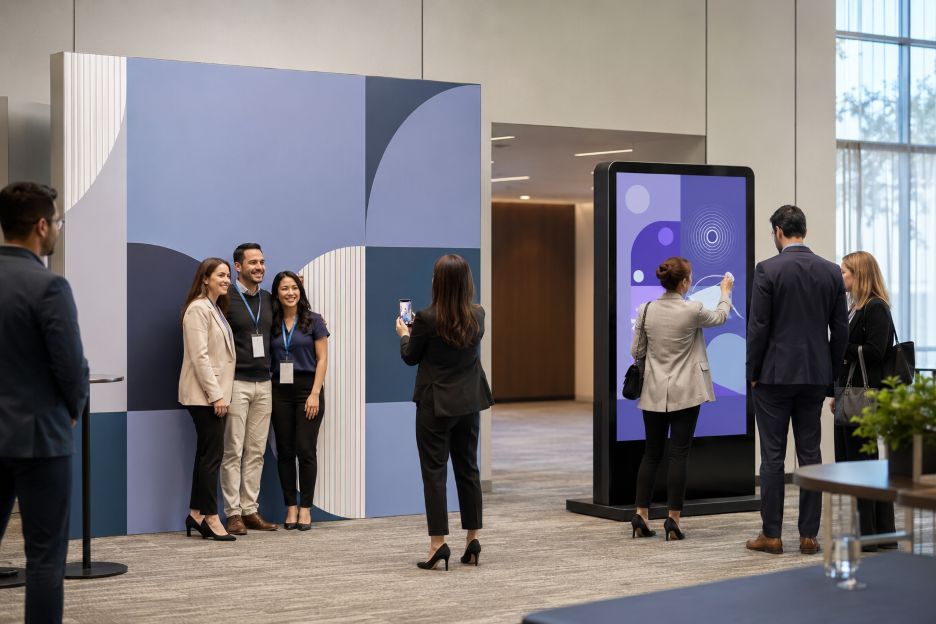Conference Venue with Geometric Backdrop and Touchscreen